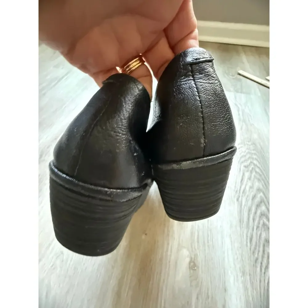 Fly Longdon Yaz Slip on Wedge Shoe, Black Leather, Women's size 38